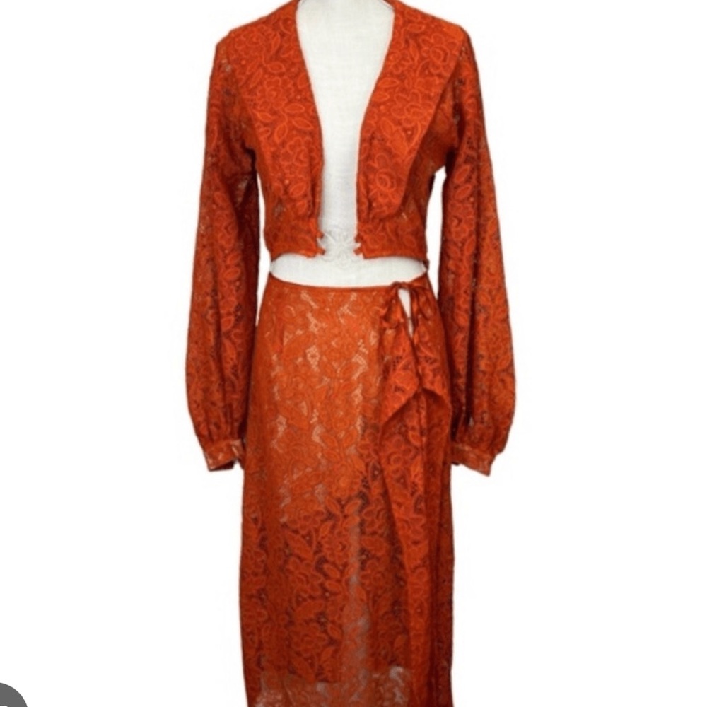 NWT For Love & Lemons Vibrant Orange Lace skirt Set size small